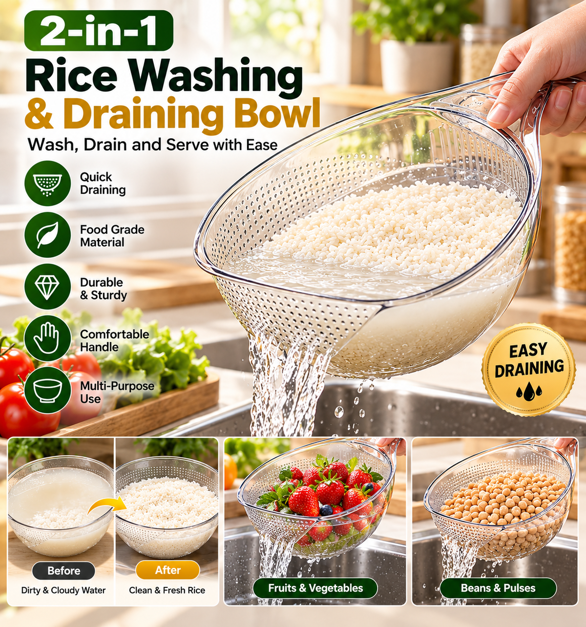RinseEase™ Multipurpose Rice Washing & Draining Bowl 🍚💧
