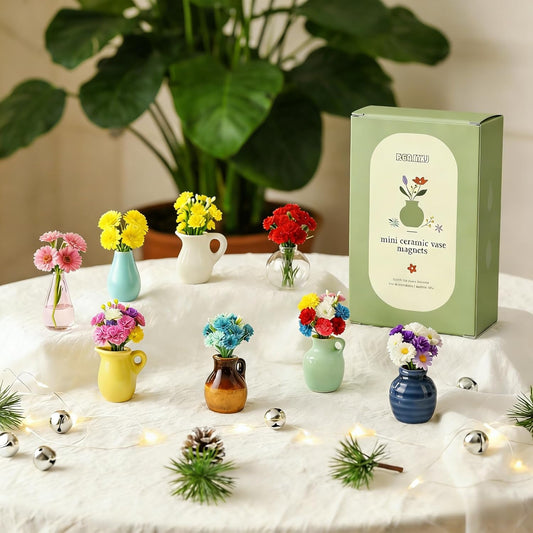 Refrigerator Magnets - Cute Mini Ceramic Vase Fridge Magnets with Artificial Flowers