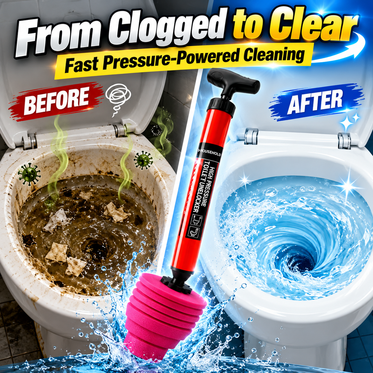 🚽 High Pressure Toilet Plunger - Powerful Drain Unblocker Pump