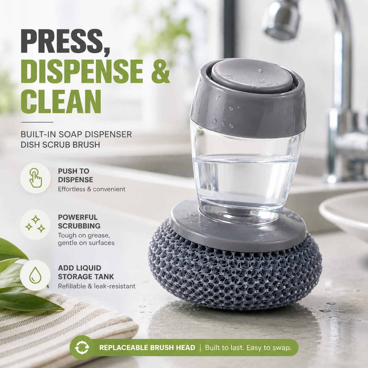 Dish Cleaning Soap Dispensing Scrubber Brush
