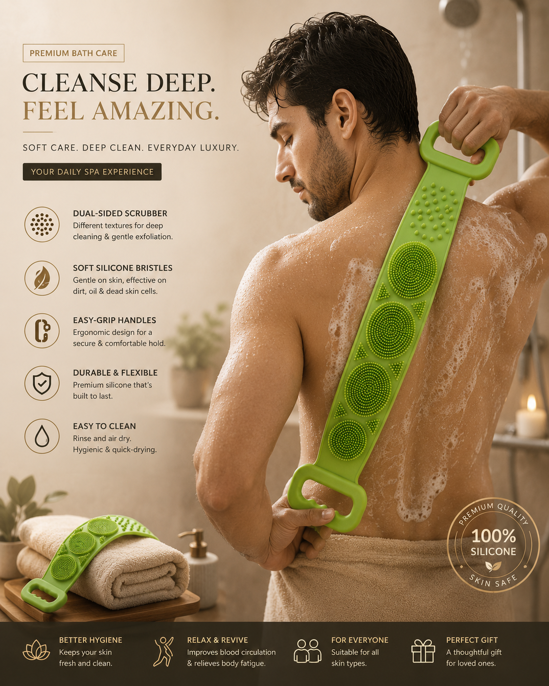 2-in-1 Silicone Back Scrubber and Bath Brush