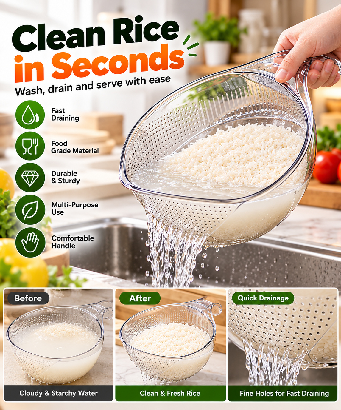 RinseEase™ Multipurpose Rice Washing & Draining Bowl 🍚💧