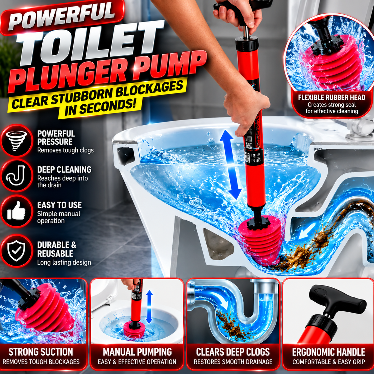🚽 High Pressure Toilet Plunger - Powerful Drain Unblocker Pump